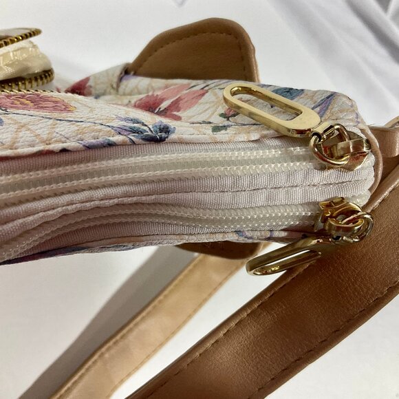 Cream with Tan Flower Print Purse Crossbody / Shoulder - Picture 6 of 15